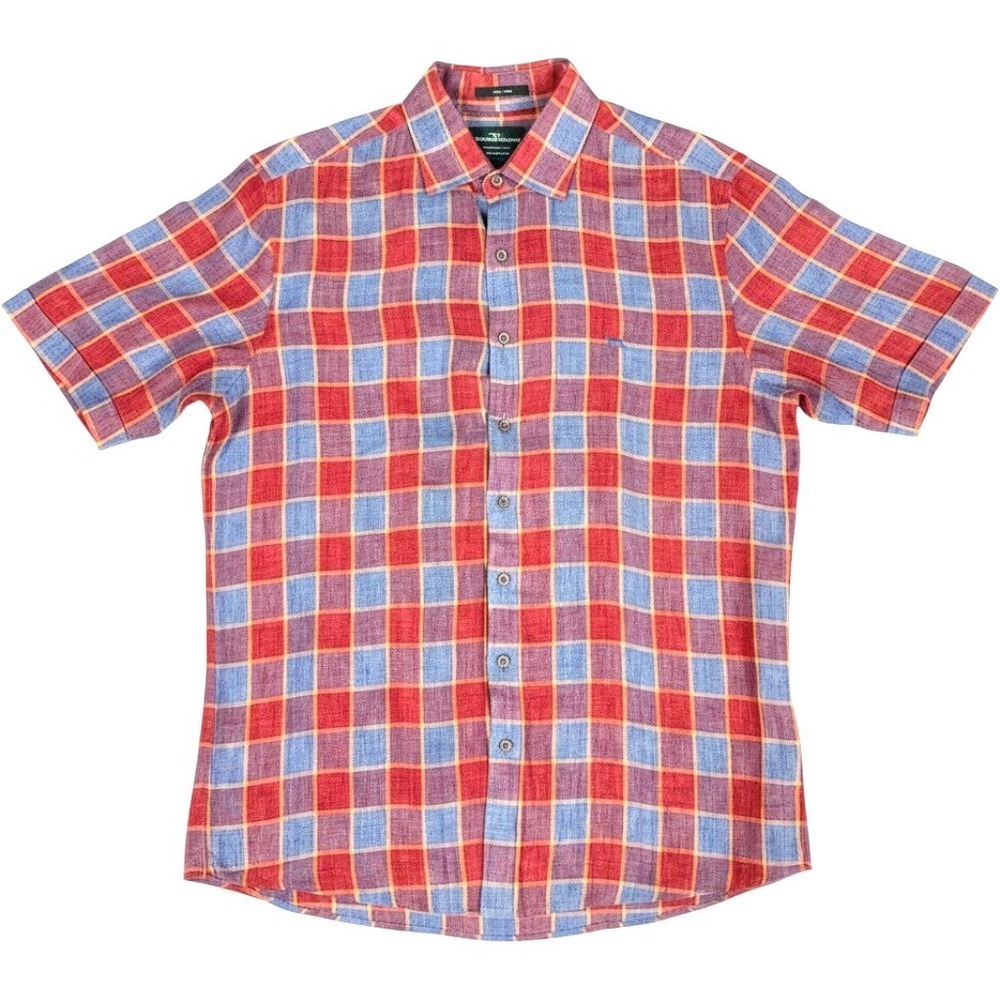 Rodd & Gunn Short Sleeve Shirt Mens Medium Red Blue Plaid Italian Linen